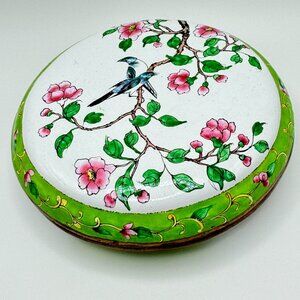 Vtg Hand-Painted Floral Enamel Trinket Box Birds & Blossoms 6" Diameter